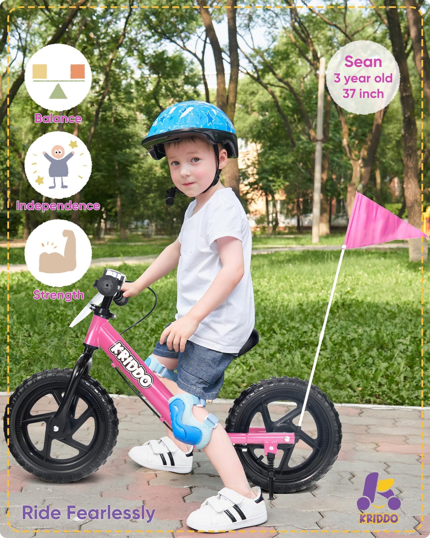 KRIDDO Pro Toddler Balance Bike for 2+ Year Old, 12 Inch Push Bicycle w Hand Brake & Kickstand, Gift Bike for 2-5 Boys Girls, Pink