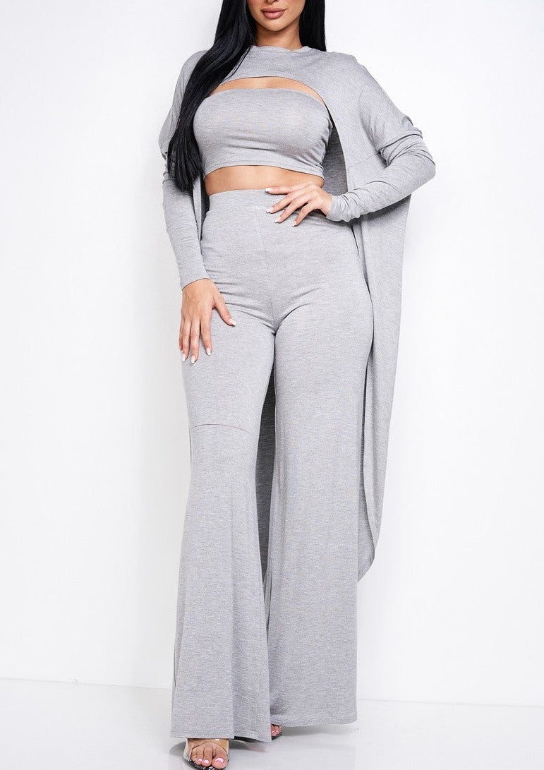 Heavy Rayon Spandex Tube Top, Long Sleeve Cape Top And Wide Leg Pants 3 Piece Set